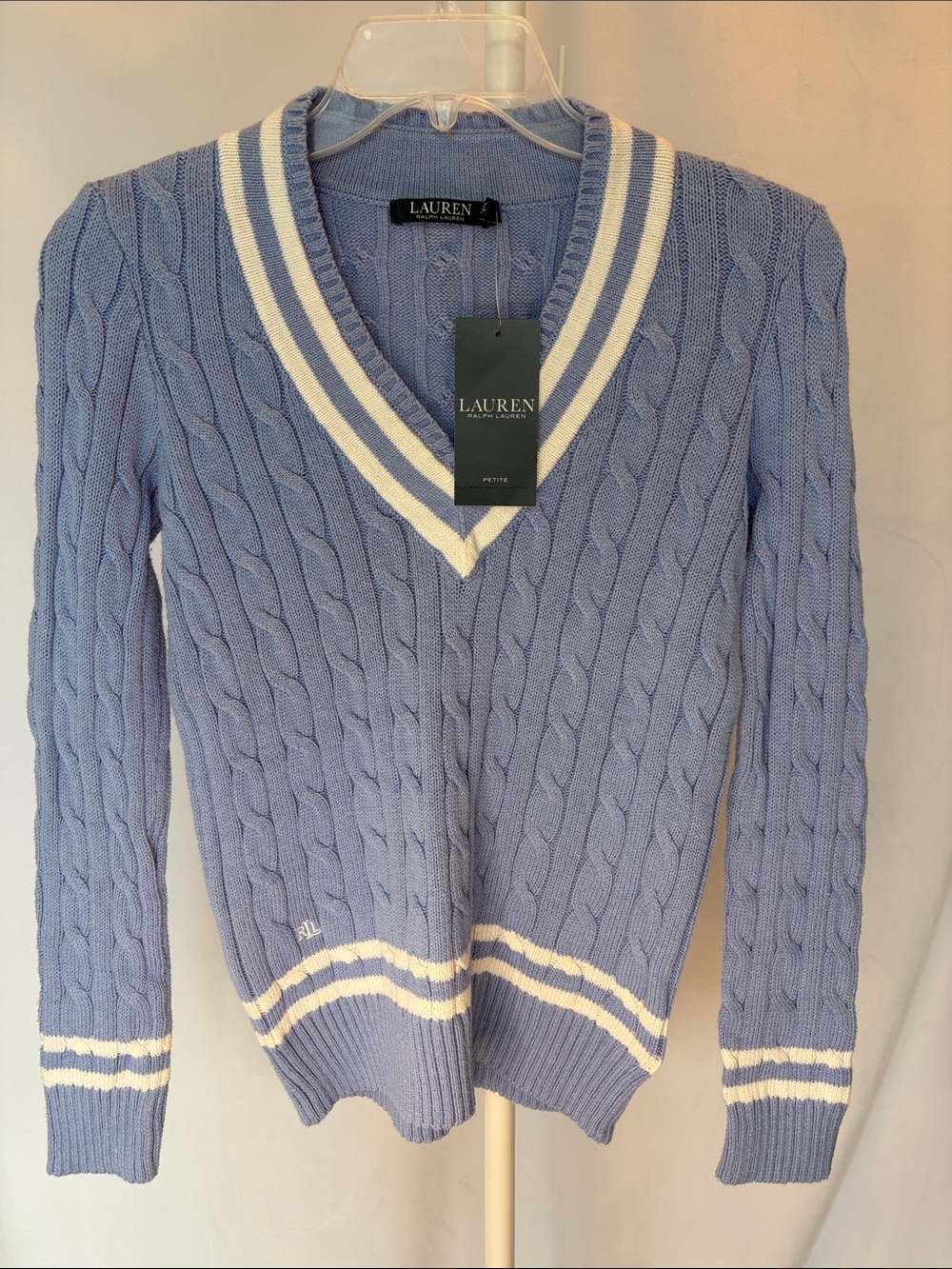 Lauren Ralph Lauren Periwinkle Cable-Knit V-Neck Sweater with White Trim